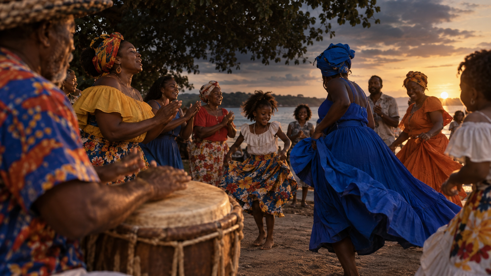 A bullerengue community circle with drummers, singers and dancers